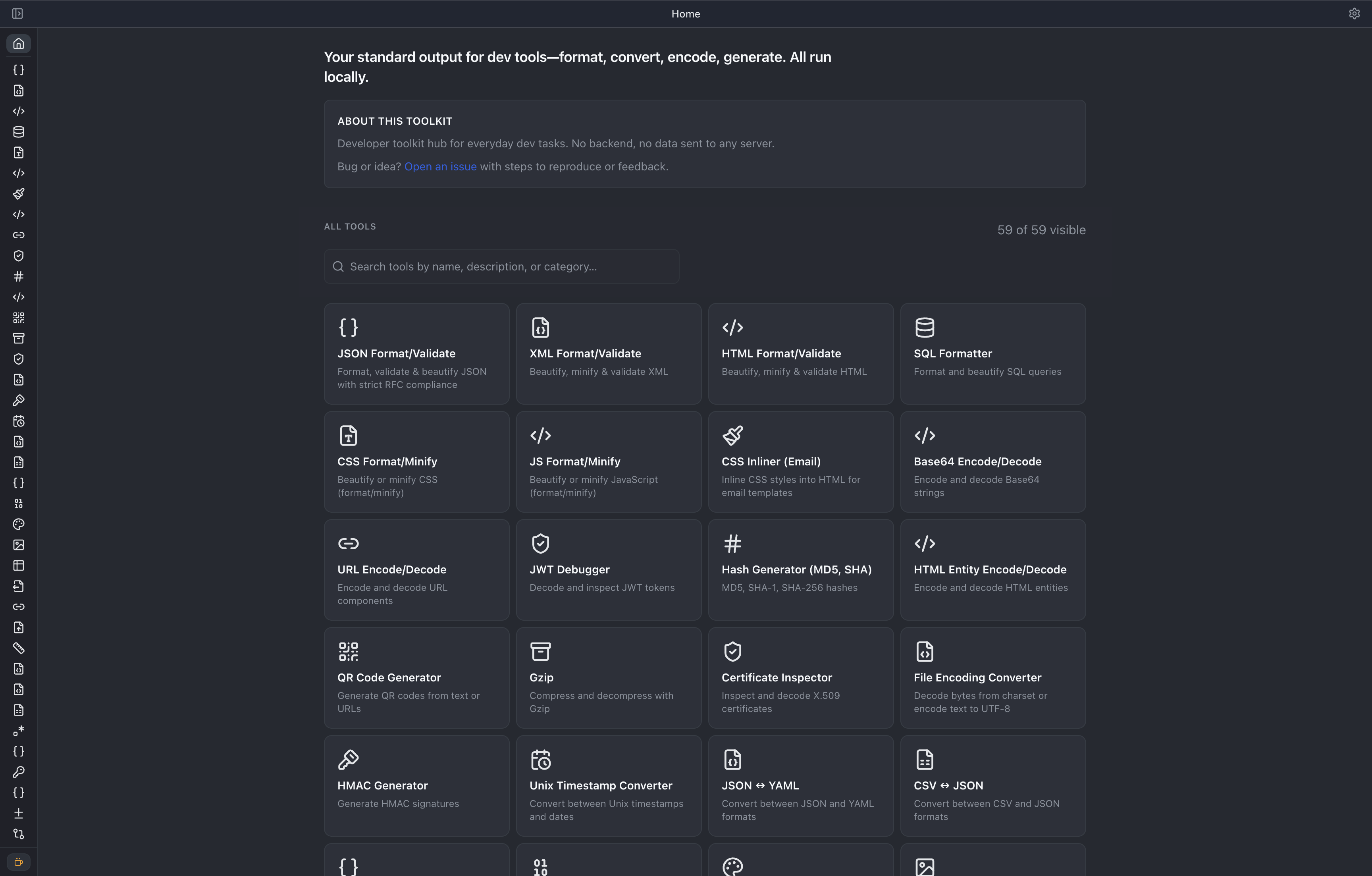 The stdout app: tool grid with sidebar navigation and command palette